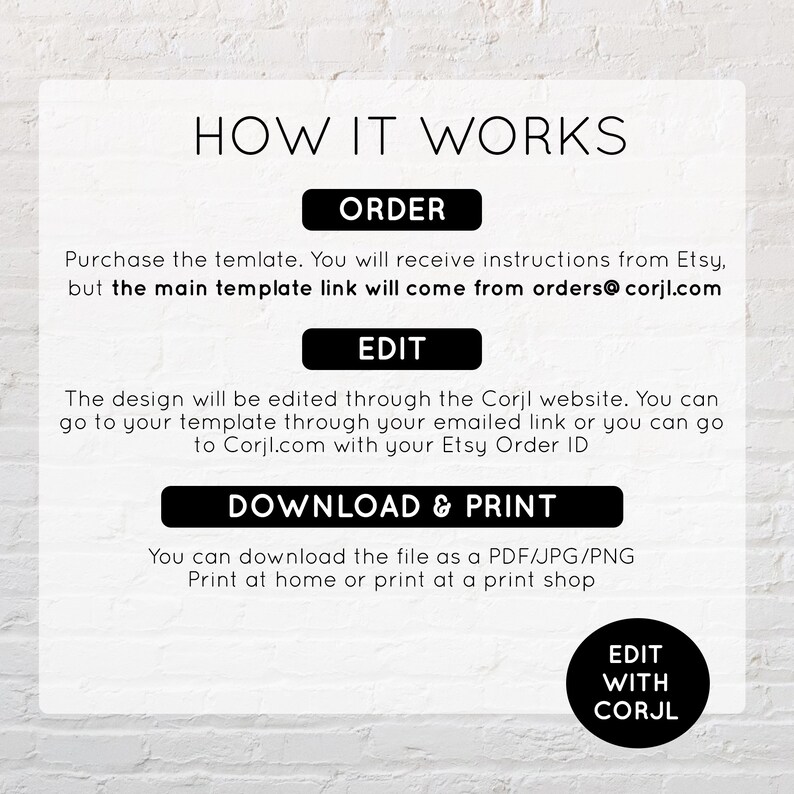 May include: A white background with black text explaining how to order, edit, and download a digital template. The text includes the phrase "HOW IT WORKS" and the website address "orders@corjl.com".