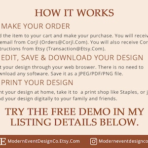 Pu&ograve; includere: Come funziona: Effettua il tuo ordine, modifica, salva e scarica il tuo design, stampa il tuo design. Prova la demo gratuita nei dettagli del mio elenco qui sotto. ModernEventDesignCo.Etsy.Com Moderneventdesignco