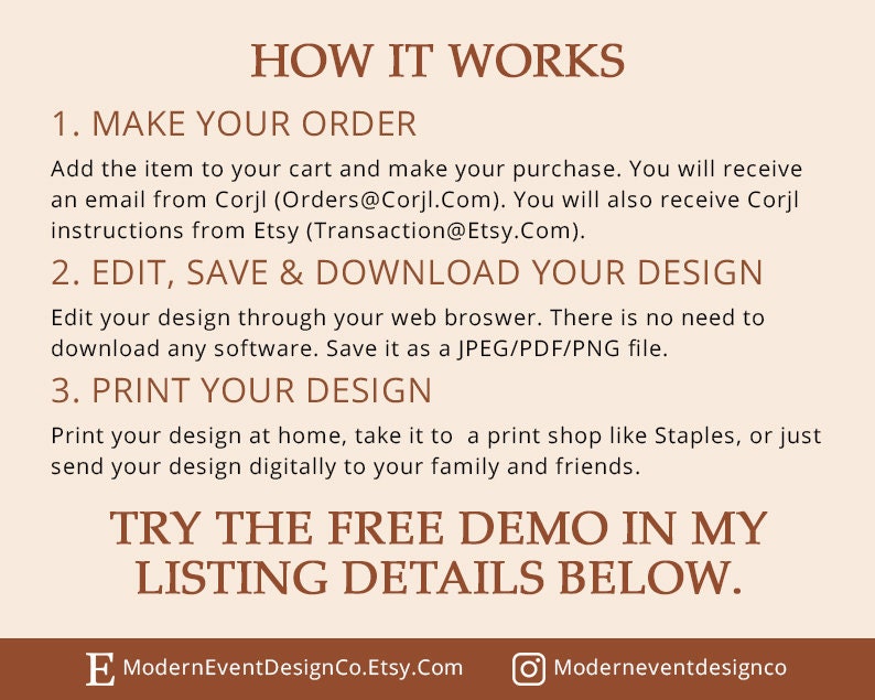 Pu&ograve; includere: Come funziona: Effettua il tuo ordine, modifica, salva e scarica il tuo design, stampa il tuo design. Prova la demo gratuita nei dettagli del mio elenco qui sotto. ModernEventDesignCo.Etsy.Com Moderneventdesignco