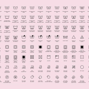 May include: A black and white chart of laundry care symbols. The symbols include instructions for machine washing, hand washing, bleaching, drying, ironing, and dry cleaning. The chart includes temperature settings for washing and drying, as well as symbols for delicate fabrics and special care instructions.