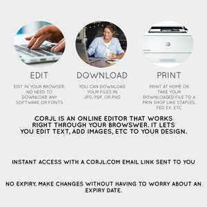 Puede incluir: C&oacute;mo funciona: Edita, descarga e imprime tus dise&ntilde;os usando un editor en l&iacute;nea. Corjl es un editor en l&iacute;nea que funciona directamente en tu navegador. Te permite editar texto, agregar im&aacute;genes, etc. a tu dise&ntilde;o. Acceso instant&aacute;neo con un enlace de correo electr&oacute;nico de corjl.com que se te env&iacute;a. Sin caducidad. Realiza cambios sin tener que preocuparte por una fecha de caducidad. Edita el color de fondo, el color del texto, las fuentes, agrega im&aacute;genes.