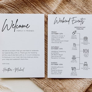 May include: A welcome sign with the text "Welcome Family + Friends" and a wedding weekend schedule with a timeline of events for Friday, Saturday, and Sunday. The schedule includes times for the wedding ceremony, dinner, cocktails, and brunch.