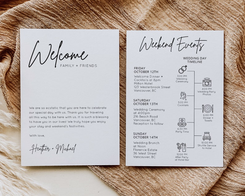 May include: A welcome sign with the text "Welcome Family + Friends" and a wedding weekend schedule with a timeline of events for Friday, Saturday, and Sunday. The schedule includes times for the wedding ceremony, dinner, cocktails, and brunch.