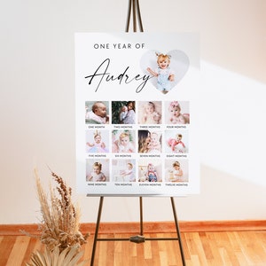 Puede incluir: Un tablero blanco con una foto en forma de coraz&oacute;n de una ni&ntilde;a peque&ntilde;a en la parte superior. El tablero est&aacute; dividido en 12 cuadrados, cada uno con una foto de la ni&ntilde;a a una edad diferente. El texto "ONE YEAR OF Audrey" est&aacute; en la parte superior del tablero. Cada cuadrado tiene la edad de la ni&ntilde;a en meses escrita debajo de la foto.