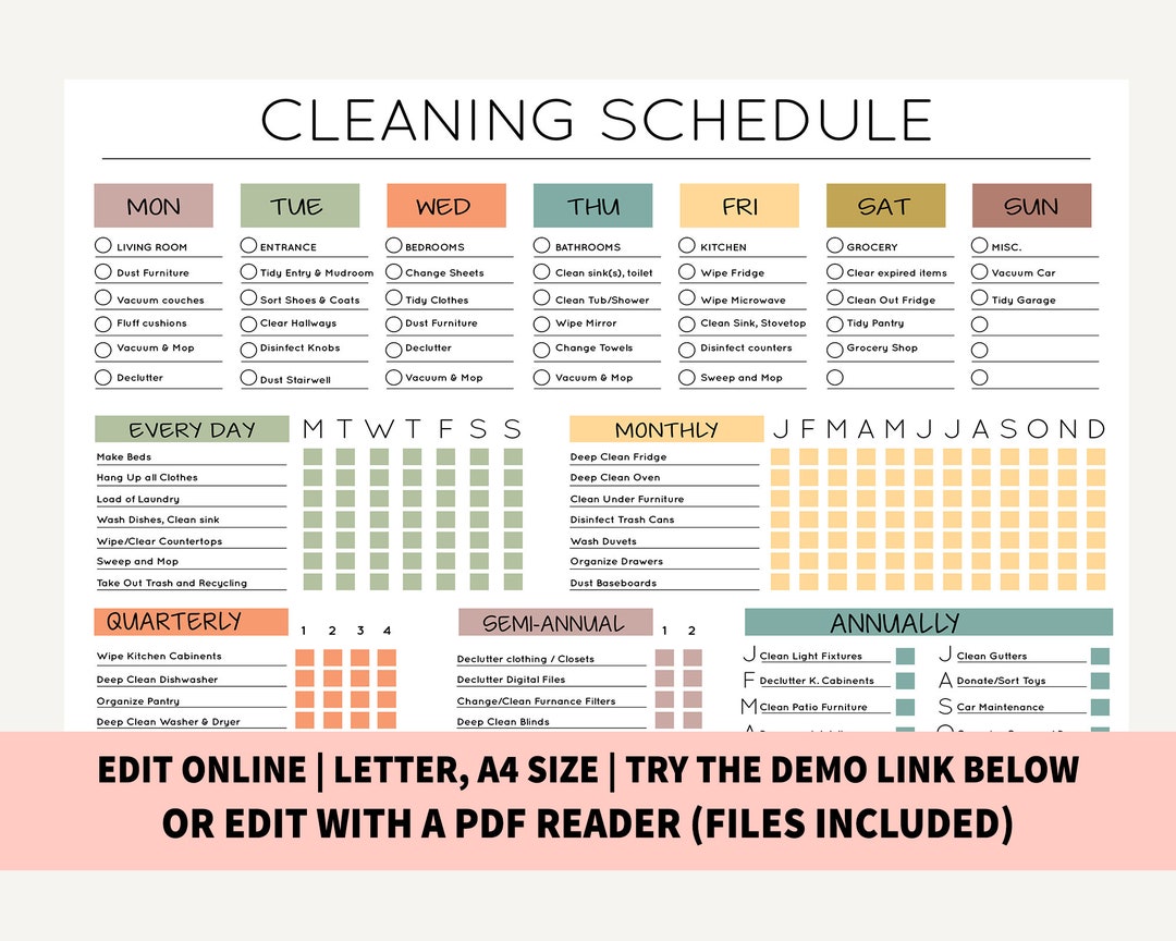 Editable Cleaning Schedule | Printable | Weekly, Monthly, Yearly ...
