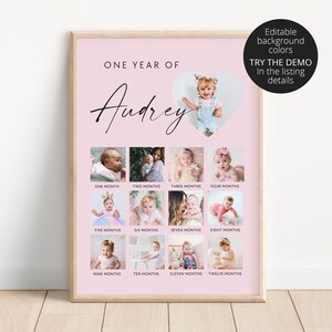 Puede incluir: Un collage de fotos de beb&eacute; imprimible rosa y blanco con el texto "ONE YEAR OF Audrey" y una foto en forma de coraz&oacute;n de una ni&ntilde;a. El collage presenta 12 fotos de la ni&ntilde;a a diferentes edades, de un mes a doce meses.