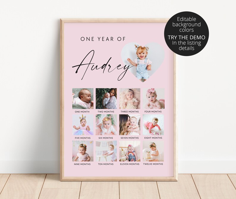 Puede incluir: Un collage de fotos de beb&eacute; imprimible rosa y blanco con el texto "ONE YEAR OF Audrey" y una foto en forma de coraz&oacute;n de una ni&ntilde;a. El collage presenta 12 fotos de la ni&ntilde;a a diferentes edades, de un mes a doce meses.
