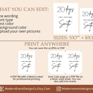 May include: Printable wedding countdown sign with the text "20 days until she's Mrs. Smith" in black script font. The sign is available in two sizes: 5x7 inches and 8x10 inches.