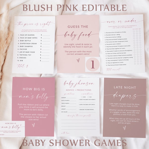 Boho Baby Shower Games | Dusty Blush Shower Bundle | Minimalist Pink Baby Shower | Modern Girl Baby Shower Games | Editable Template