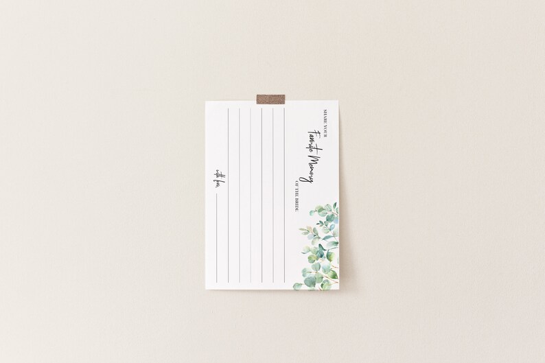 May include: White card with a green eucalyptus illustration and the text "Share Your Favorite Memory of the Bride".