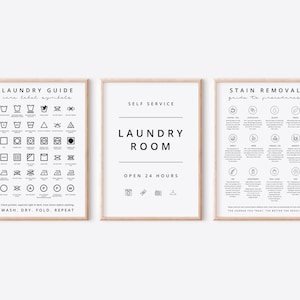 Set of 3 Laundry Symbols Guide, Laundry Open Sign, and Stain Removal Laundry Wall Art