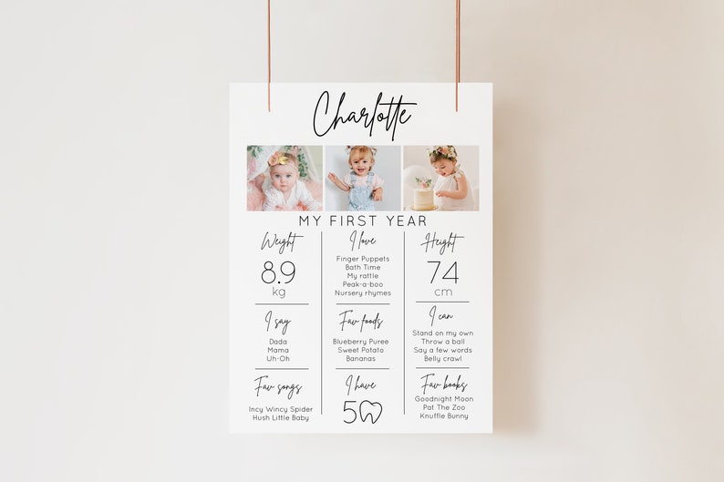 Pu&ograve; includere: Un poster bianco con un collage di foto di una bambina a diverse et&agrave;. Il poster include il nome del bambino, "Charlotte", e dettagli sul suo primo anno, tra cui il suo peso (8,9 kg), la sua altezza (74 cm), i suoi cibi preferiti, le sue canzoni, i suoi libri e le sue attivit&agrave;.