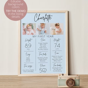 Pu&ograve; includere: Un grafico stampabile blu e bianco con un collage di foto di una bambina. Il grafico &egrave; intitolato "Il mio primo anno" e include informazioni sul peso, l'altezza, i cibi preferiti, le canzoni e i libri della bambina. Il nome della bambina, Charlotte, &egrave; scritto in corsivo nella parte superiore del grafico.