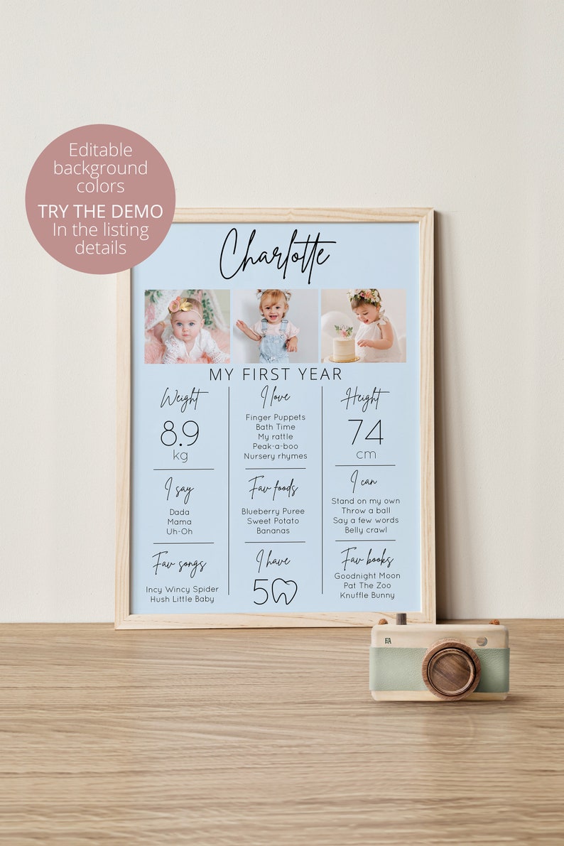 Pu&ograve; includere: Un grafico stampabile blu e bianco con un collage di foto di una bambina. Il grafico &egrave; intitolato "Il mio primo anno" e include informazioni sul peso, l'altezza, i cibi preferiti, le canzoni e i libri della bambina. Il nome della bambina, Charlotte, &egrave; scritto in corsivo nella parte superiore del grafico.