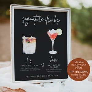 May include: Black chalkboard sign with white text that reads "signature drinks". The sign features two watercolor illustrations of cocktails, one for "his" and one for "hers". The text below the illustrations lists the ingredients for each drink. The sign also includes the text "HEATHER + MICHAEL | 04.12.20XX".