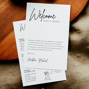 May include: A white welcome card with black text. The card has a simple design with the words "Welcome Family + Friends" at the top. The card also includes a schedule for a wedding weekend, including a wedding brunch at Noon on Sunday, October 14th at Florence Estate, 36 West Street, Vancouver, BC. The card also includes a shuttle service to the hotel and an after party at the hotel bar at 12:00 PM.