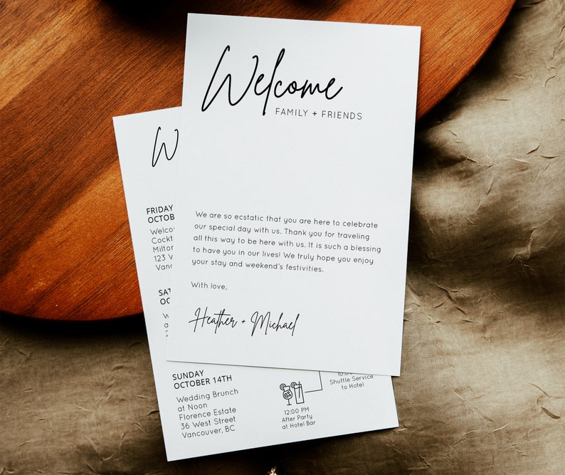 May include: A white welcome card with black text. The card has a simple design with the words "Welcome Family + Friends" at the top. The card also includes a schedule for a wedding weekend, including a wedding brunch at Noon on Sunday, October 14th at Florence Estate, 36 West Street, Vancouver, BC. The card also includes a shuttle service to the hotel and an after party at the hotel bar at 12:00 PM.
