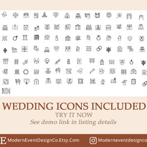 May include: A black and white graphic illustration of 100 wedding icons. The icons include a variety of wedding-related themes, such as love, celebration, and togetherness. The icons are arranged in a grid pattern. The text "WEDDING ICONS INCLUDED" is at the bottom of the image. The text "TRY IT NOW" is below the text "WEDDING ICONS INCLUDED". The text "See demo link in listing details" is below the text "TRY IT NOW".