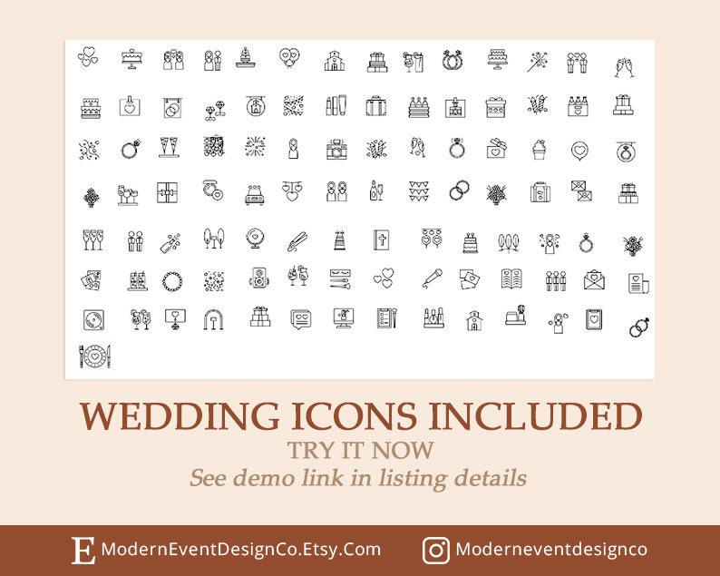 May include: A black and white graphic illustration of 100 wedding icons. The icons include a variety of wedding-related themes, such as love, celebration, and togetherness. The icons are arranged in a grid pattern. The text "WEDDING ICONS INCLUDED" is at the bottom of the image. The text "TRY IT NOW" is below the text "WEDDING ICONS INCLUDED". The text "See demo link in listing details" is below the text "TRY IT NOW".
