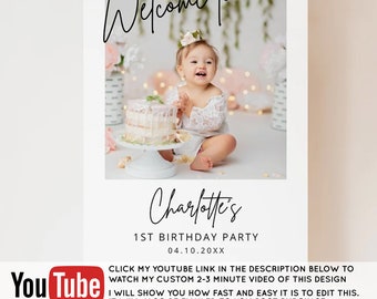Modern Birthday Welcome Sign, Minimalist Birthday Party Welcome, Editable 1st Birthday Poster, DIGITAL Birthday Welcome Sign, BSIG