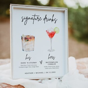 May include: A white sign with the words "signature drinks" written in black cursive. The sign has two watercolor illustrations of cocktails, one labeled "his" and the other labeled "hers". The text below the illustrations lists the ingredients for each drink. The bottom of the sign has the text "HEATHER + MICHAEL | 04.12.20XX".