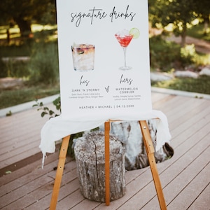 May include: A white sign with black text and illustrations of two cocktails. The sign reads "signature drinks" and lists the ingredients for "his" drink, "Dark 'N Stormy", and "hers" drink, "Watermelon Cobbler". The sign also includes the names "Heather + Michael" and the date "04.12.20XX".