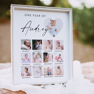 Puede incluir: Un collage de fotos enmarcado en blanco con el texto "ONE YEAR OF Audrey" en la parte superior. El collage presenta 12 fotos de una ni&ntilde;a a diferentes edades, de un mes a doce meses. Cada foto est&aacute; etiquetada con la edad correspondiente.