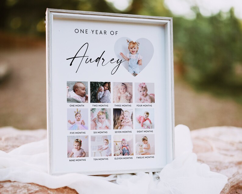 Puede incluir: Un collage de fotos enmarcado en blanco con el texto "ONE YEAR OF Audrey" en la parte superior. El collage presenta 12 fotos de una ni&ntilde;a a diferentes edades, de un mes a doce meses. Cada foto est&aacute; etiquetada con la edad correspondiente.