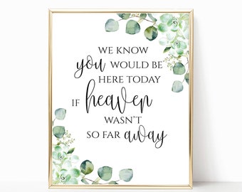 May include: A white printable sign with a gold frame and green watercolor floral border. The text reads "We know you would be here today if heaven wasn't so far away".