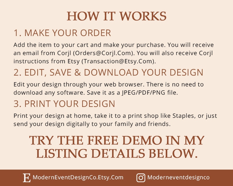 May include: How it works: Make your order, edit, save and download your design, print your design. Try the free demo in my listing details below. ModernEventDesignCo.Etsy.Com Moderneventdesignco