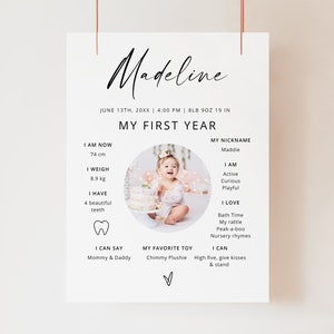 Meilensteintafel zum 1. Geburtstag - EDITIERBARE Meilensteintafel zum 1. Geburtstag, modernes Meilensteinplakat zum 1. Geburtstag, Jahresfoto-Baby-Meilenstein