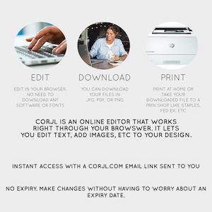 May include: How it works: Edit, download, and print your designs using an online editor.  Corjl is an online editor that works right through your browser. It lets you edit text, add images, etc. to your design. Instant access with a corjl.com email link sent to you. No expiry. Make changes without having to worry about an expiry date. Edit background color, text color, fonts, add images.
