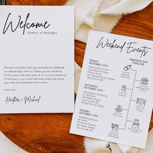 May include: A white welcome sign with black text that reads "Welcome Family + Friends". A second white sign with black text lists a weekend wedding event timeline with dates, times, and locations. The timeline includes a welcome dinner, wedding ceremony, cocktail hour, wedding party photos, dinner, party time, and a shuttle service to a hotel.