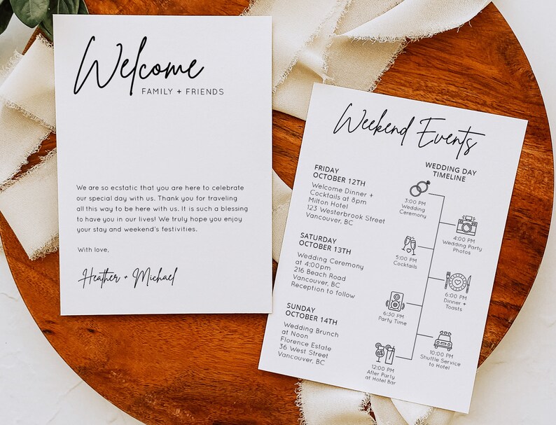 May include: A white welcome sign with black text that reads "Welcome Family + Friends". A second white sign with black text lists a weekend wedding event timeline with dates, times, and locations. The timeline includes a welcome dinner, wedding ceremony, cocktail hour, wedding party photos, dinner, party time, and a shuttle service to a hotel.