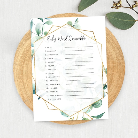 EUCALYPTUS Word Scramble Baby Shower Game - 5x7 JPG File - Instant Download 0002 Il_570xn