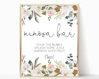 May include: A printable sign with a floral border and the text "mimosa bar" in a script font. The text below reads "Pour the bubbly, splash some juice, garnish with fruit, Cheers!"