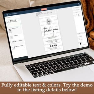 May include: A laptop screen displaying a mockup of a thank you card with a logo, text that says "Thank You", and the words "Please Enjoy 20% off your next order by using the code SAVE20". The card also includes social media icons and the text "follow us @yourusername".