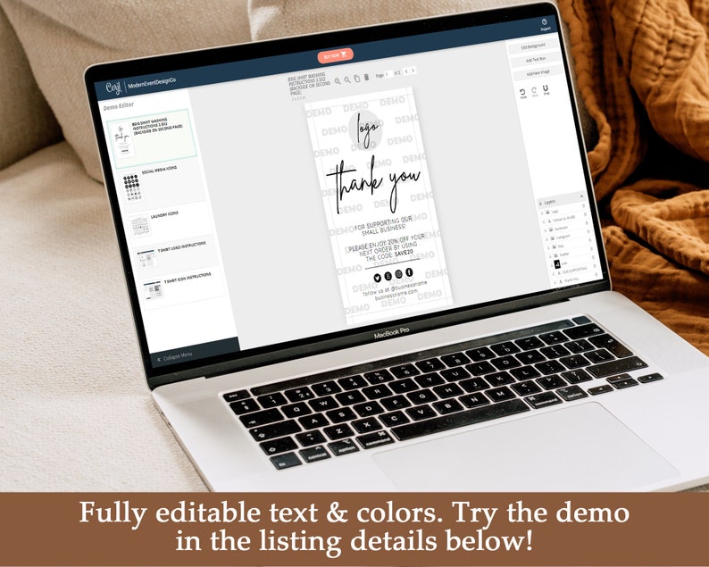May include: A laptop screen displaying a mockup of a thank you card with a logo, text that says "Thank You", and the words "Please Enjoy 20% off your next order by using the code SAVE20". The card also includes social media icons and the text "follow us @yourusername".