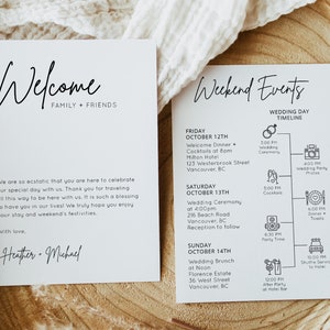 May include: A wedding weekend itinerary with a black and white design. The itinerary includes a welcome dinner, wedding ceremony, reception, brunch, and shuttle service. The text includes the dates, times, and locations of each event.