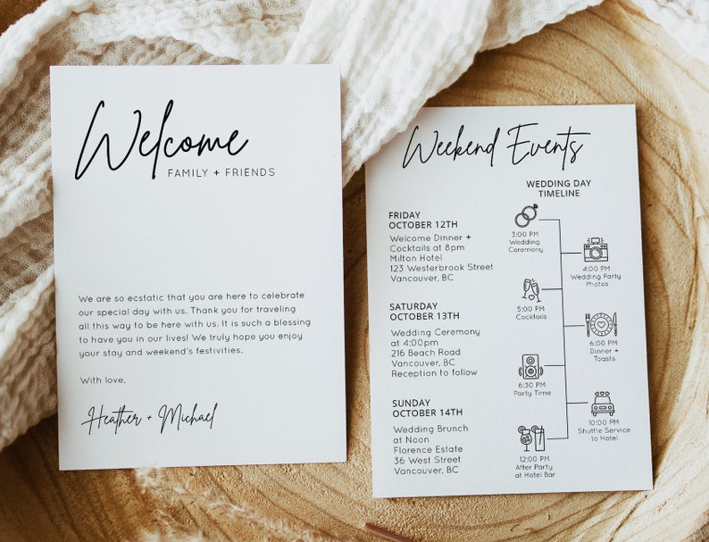 May include: A wedding weekend itinerary with a black and white design. The itinerary includes a welcome dinner, wedding ceremony, reception, brunch, and shuttle service. The text includes the dates, times, and locations of each event.