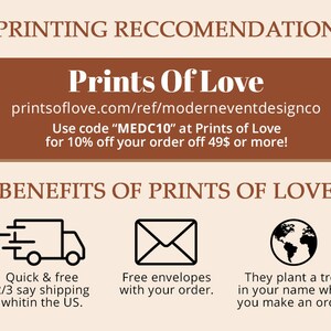 May include: A brown rectangle with white text that says "Prints Of Love" and a website address. Below the rectangle is a white background with three icons: a delivery truck, an envelope, and a globe. The text below the icons describes the benefits of using Prints Of Love, including quick and free shipping, free envelopes, and tree planting.
