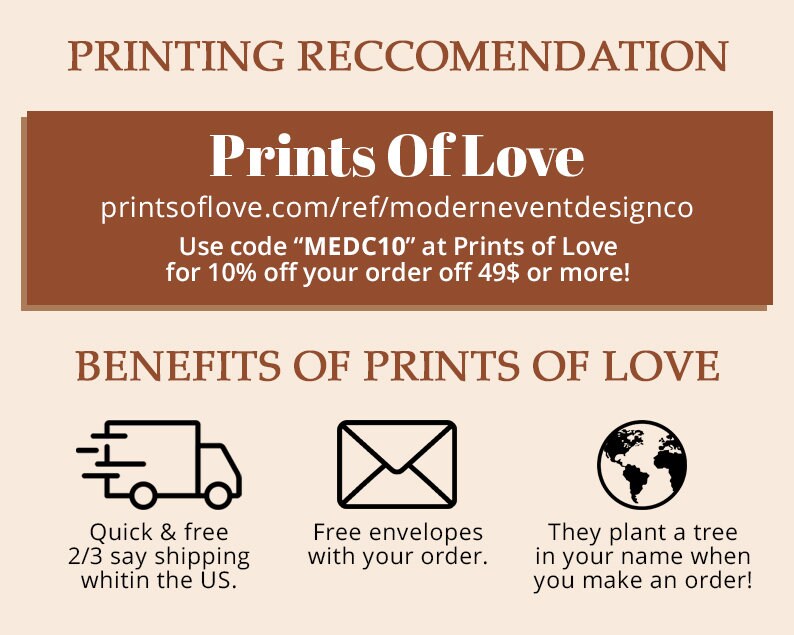 May include: A brown rectangle with white text that says "Prints Of Love" and a website address. Below the rectangle is a white background with three icons: a delivery truck, an envelope, and a globe. The text below the icons describes the benefits of using Prints Of Love, including quick and free shipping, free envelopes, and tree planting.