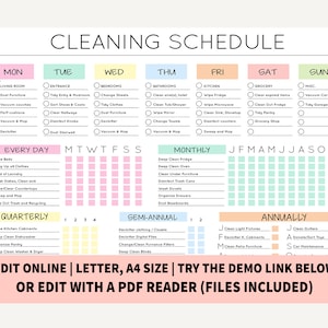 編集可能な掃除スケジュール | 印刷可能 | 週ごと、月ごと、年ごとの掃除チェックリスト、ADHD、掃除プランナー、家事リスト | デジタル PDF