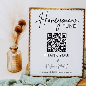 Honeymoon Fund Sign, Wedding QR Code Sign Printable, Honeymoon Fund sign Template, Modern Wedding Cash Registry Sign, BSIG
