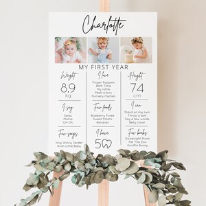 Pu&ograve; includere: Un pannello bianco con il nome "Charlotte" scritto in corsivo nero in alto. Il pannello &egrave; diviso in sezioni con informazioni sul primo anno di vita di Charlotte, tra cui il suo peso (8,9 kg), la sua altezza (74 cm), i suoi cibi preferiti, le canzoni, i libri e le cose che sa fare. Ci sono tre foto di Charlotte a diverse et&agrave;.