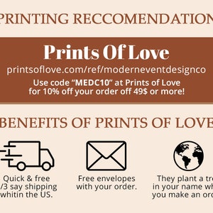 Może przedstawiać: Grafika w kolorze brązowym i białym z tekstem "Prints Of Love" i adresem strony internetowej "printsoflove.com/ref/moderneventdesignco". Grafika zawiera r&oacute;wnież tekst "Użyj kodu "MEDC10" w Prints of Love, aby uzyskać 10% zniżki na zam&oacute;wienie od 49 $ lub więcej!" i tekst "KORZYŚCI Z PRINTS OF LOVE". Pod tekstem znajdują się trzy ikony: samoch&oacute;d dostawczy, koperta i globus. Ikona samochodu dostawczego zawiera tekst "Szybka i bezpłatna wysyłka 2/3 os&oacute;b twierdzi, że wysyłka odbywa się w USA." Ikona koperty zawiera tekst "Darmowe koperty w zestawie z zam&oacute;wieniem." Ikona globusa zawiera tekst "Sadzą drzewo w Twoim imieniu, gdy złożysz zam&oacute;wienie!"