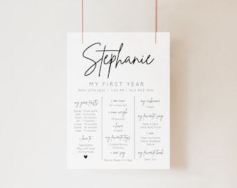 May include: A black and white printable poster with the name Stephanie and details about her first year of life, including her birth date, weight, height, favorite song, and book. The poster has a simple and modern design.