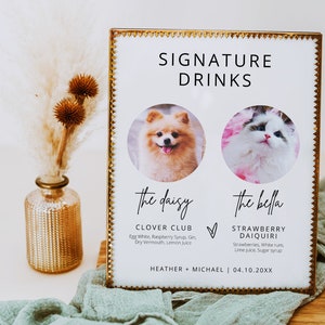 Pet Signature Drink Sign Template - Dog & Cat Signature Cocktails Sign, Multiple Pet Signature Drink Bar Menu, Pet Wedding Bar Sign - MOD01