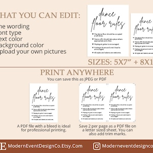 May include: Printable dance floor rules sign in black text on a white background. The sign reads "Dance Floor Rules" and includes a list of rules for dancing. The sign is available in two sizes: 5x7 inches and 8x10 inches.