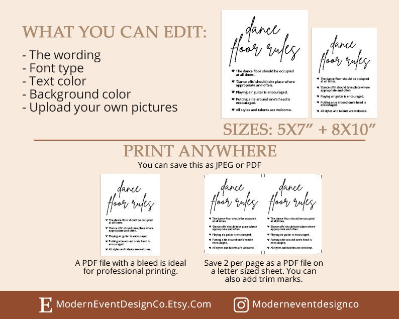 May include: Printable dance floor rules sign in black text on a white background. The sign reads "Dance Floor Rules" and includes a list of rules for dancing. The sign is available in two sizes: 5x7 inches and 8x10 inches.